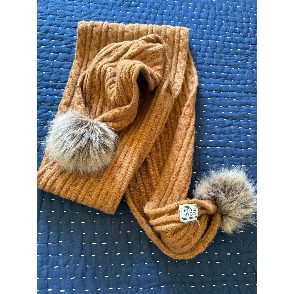 Frye and Co Camel Brown Cable Knit Scarf with Faux Fur Pom Poms Soft Girl